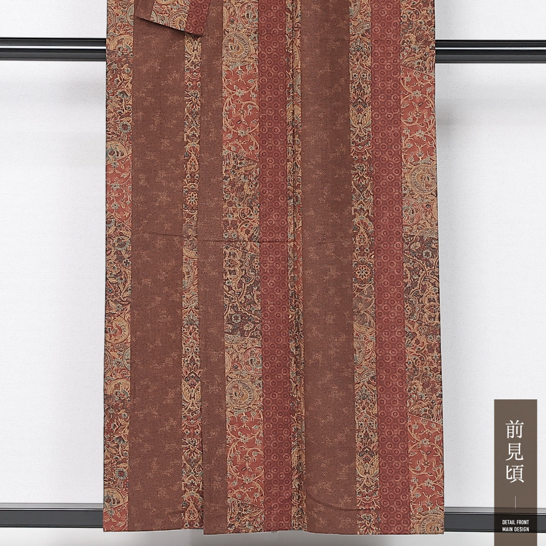 紬 単衣 身丈152cm 裄丈55cm 正絹 Sランク カジュアル 広衿 Sサイズ 更紗 縞 茶系 RP 1223-12165