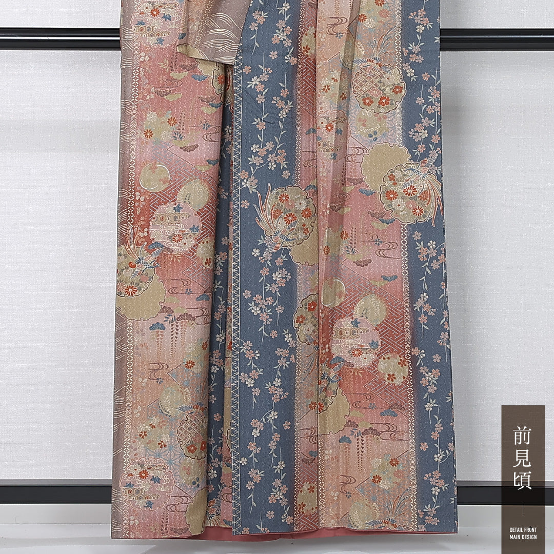 小紋 袷 身丈157cm 裄丈65cm 正絹 Sランク インフォーマル 広衿 Mサイズ 雪輪 花柄 吉祥文様 多色系 RP 1221-12385