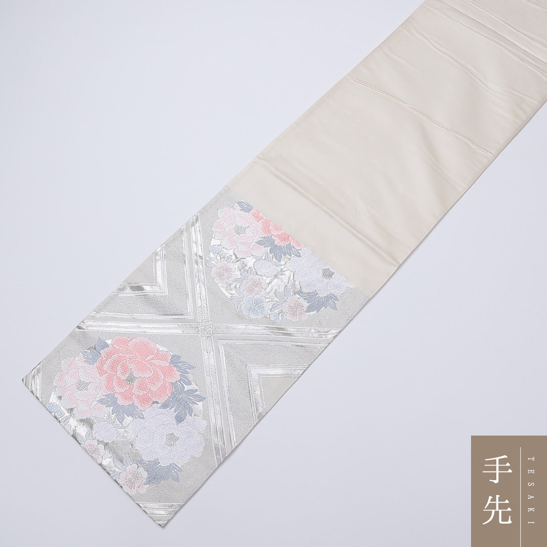 袋帯 帯丈416cm 六通 牡丹 花菱 セミフォーマル 銀系 正絹 Aランク 1223-00912