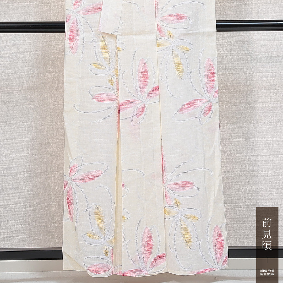 麻の紬 夏物 洗える着物 単衣 身丈152cm 裄丈62cm 麻 Sランク Sサイズ バチ衿 カジュアル 蝶 クリーム系 1216-14789