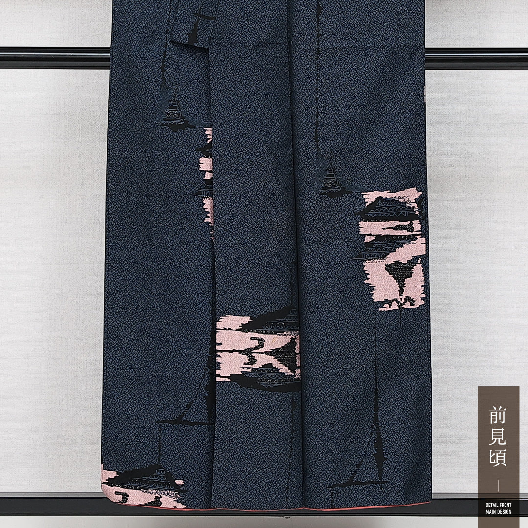 アンティーク お召 袷 身丈151cm 裄丈63cm 正絹 Bランク バチ衿 Sサイズ 漆糸 紺系 RP 1222-14425