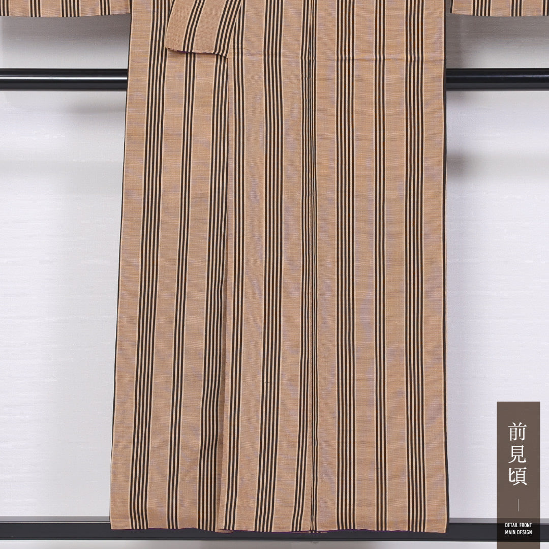 小紋 袷 身丈151cm 裄丈61cm ポリエステル 洗える着物 Cランク インフォーマル 広衿 Sサイズ 縞 素朴 落ち着き 茶系 HP 1221-11482