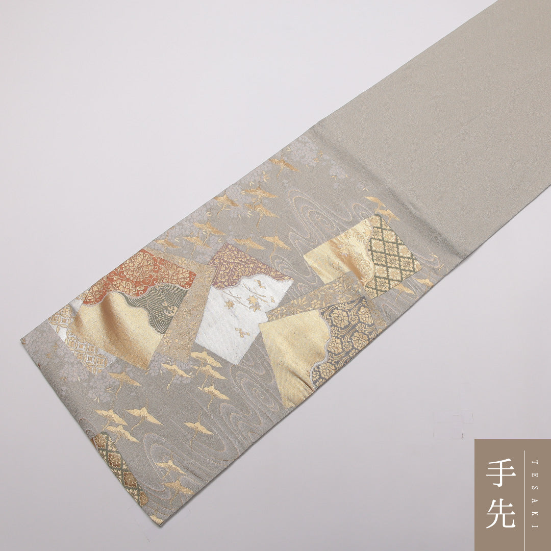 袋帯 帯丈436cm 正絹 六通 フォーマル 琳派 色紙重ね 鶴 光琳波 グレー系 1243-01448