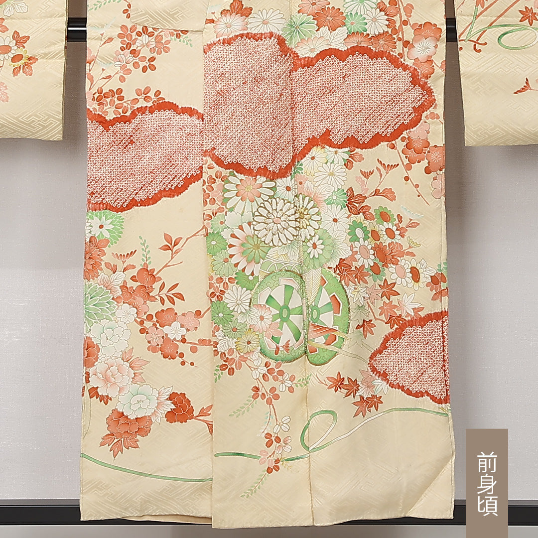 振袖 一つ紋 五三桐 身丈153cm 裄丈65.5cm Cランク 正絹 袷 広衿 S 花車 フォーマル 古典的 華やか ベージュ系 1213-F0493