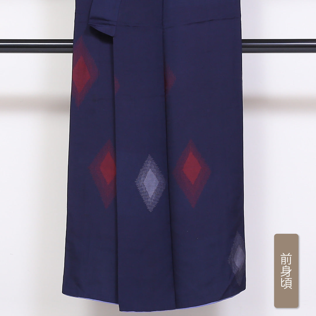 アンティーク お召 袷 身丈144cm 裄丈63cm 正絹 Bランク XSサイズ バチ衿 菱 紺系 1265-01796