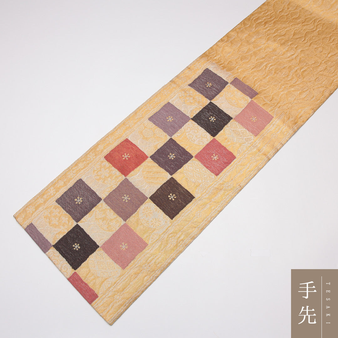 袋帯 帯丈444cm 正絹 六通 セミフォーマル 市松 丸文 金系 1243-01259