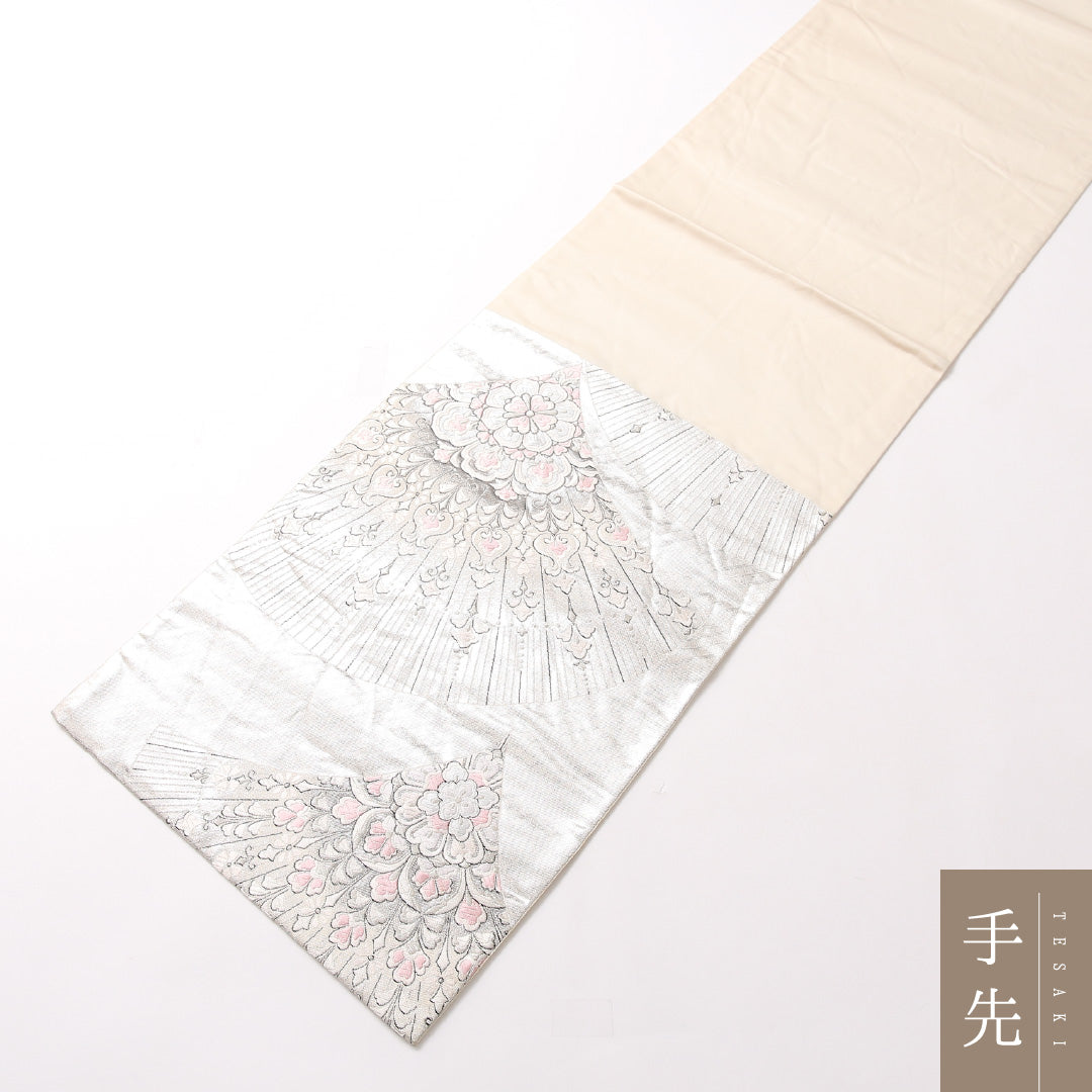 振袖用 袋帯 帯丈362cm 正絹 六通 扇面文 孔雀 銀系 1243-01731