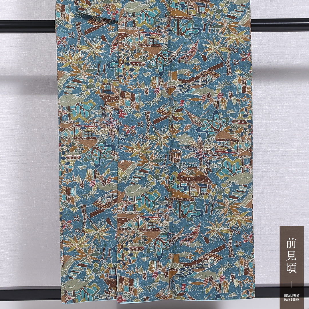 小紋 袷 身丈153cm 裄丈64cm 正絹 Aランク インフォーマル 広衿 Sサイズ たたき染め 茶屋辻 青系 HP 1221-11868