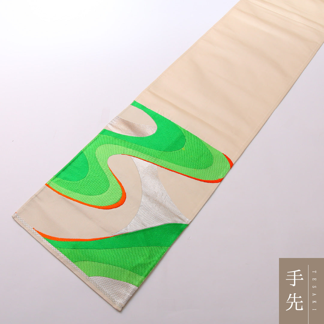 袋帯 帯丈412cm 六通 セミフォーマル Cランク 正絹 綴れ織 流水 レトロ 爽やか 白系 1223-01664