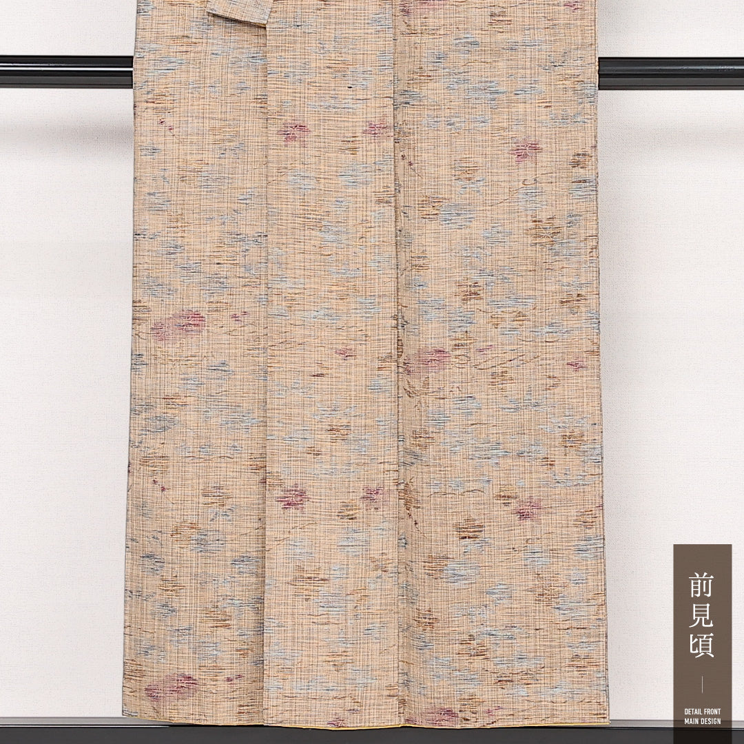 紬 袷 身丈151cm 裄丈64cm 正絹 Sランク カジュアル バチ衿 Sサイズ 笹 紅葉 ベージュ系 RP 1223-13374
