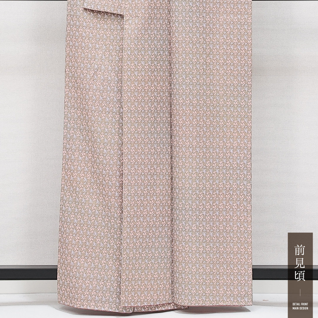 洗える着物 小紋 袷 身丈159cm 裄丈63cm ポリエステル Sランク インフォーマル 広衿 Mサイズ 植物柄 ベージュ系 RP 1221-14306