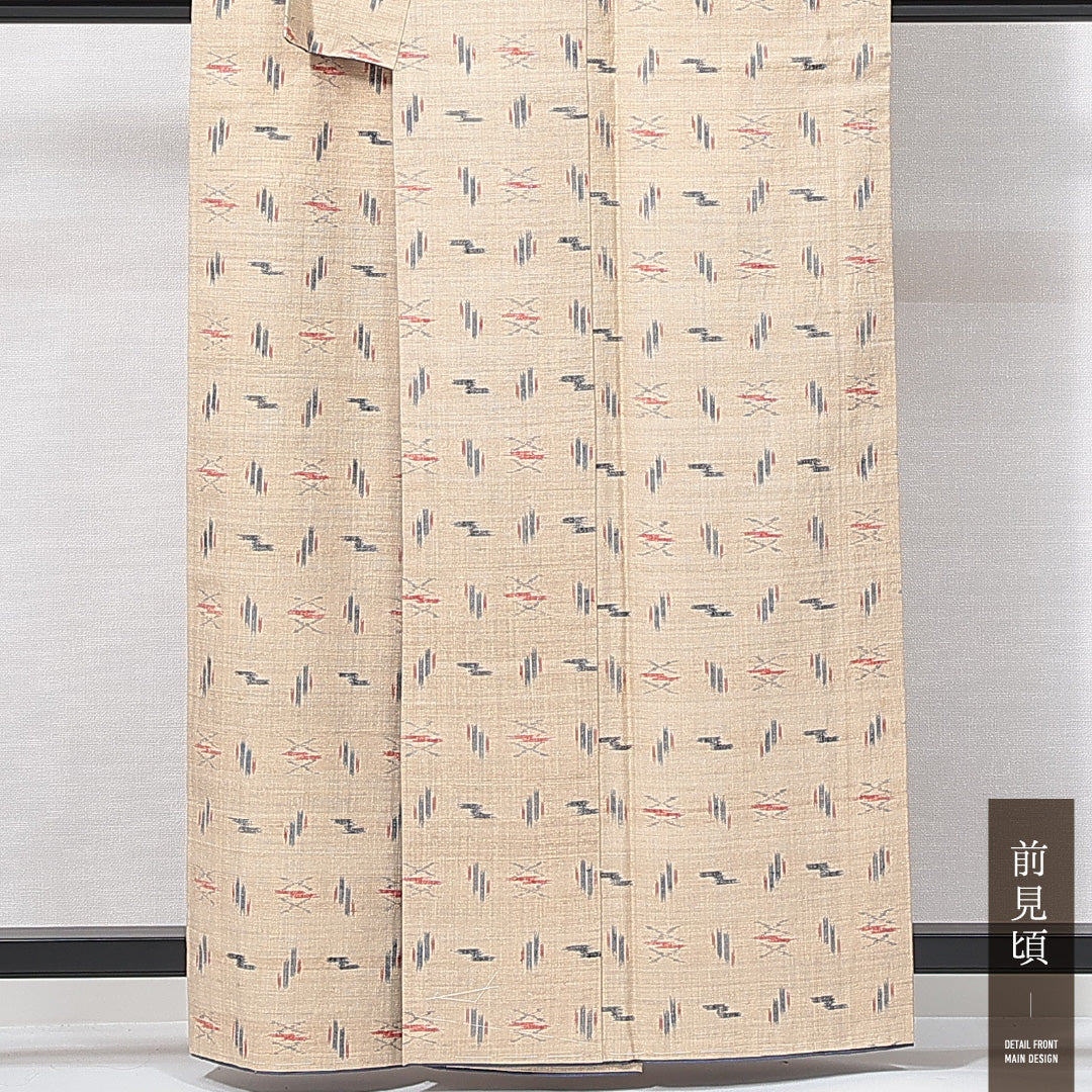 真綿紬 袷 身丈158cm 裄丈65cm 正絹 Sランク カジュアル 広衿 Mサイズ 抽象柄 クリーム系 RP 1223-14988