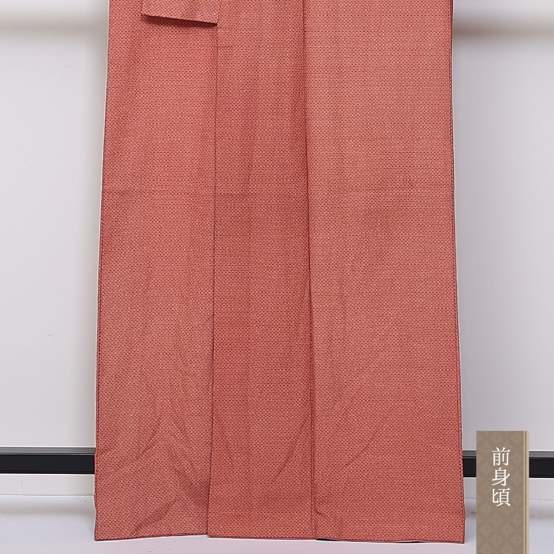 小紋 袷 身丈163cm 裄64.5cm 洗える着物 ポリエステル 青海波 朱系 Aランク 1215-02422