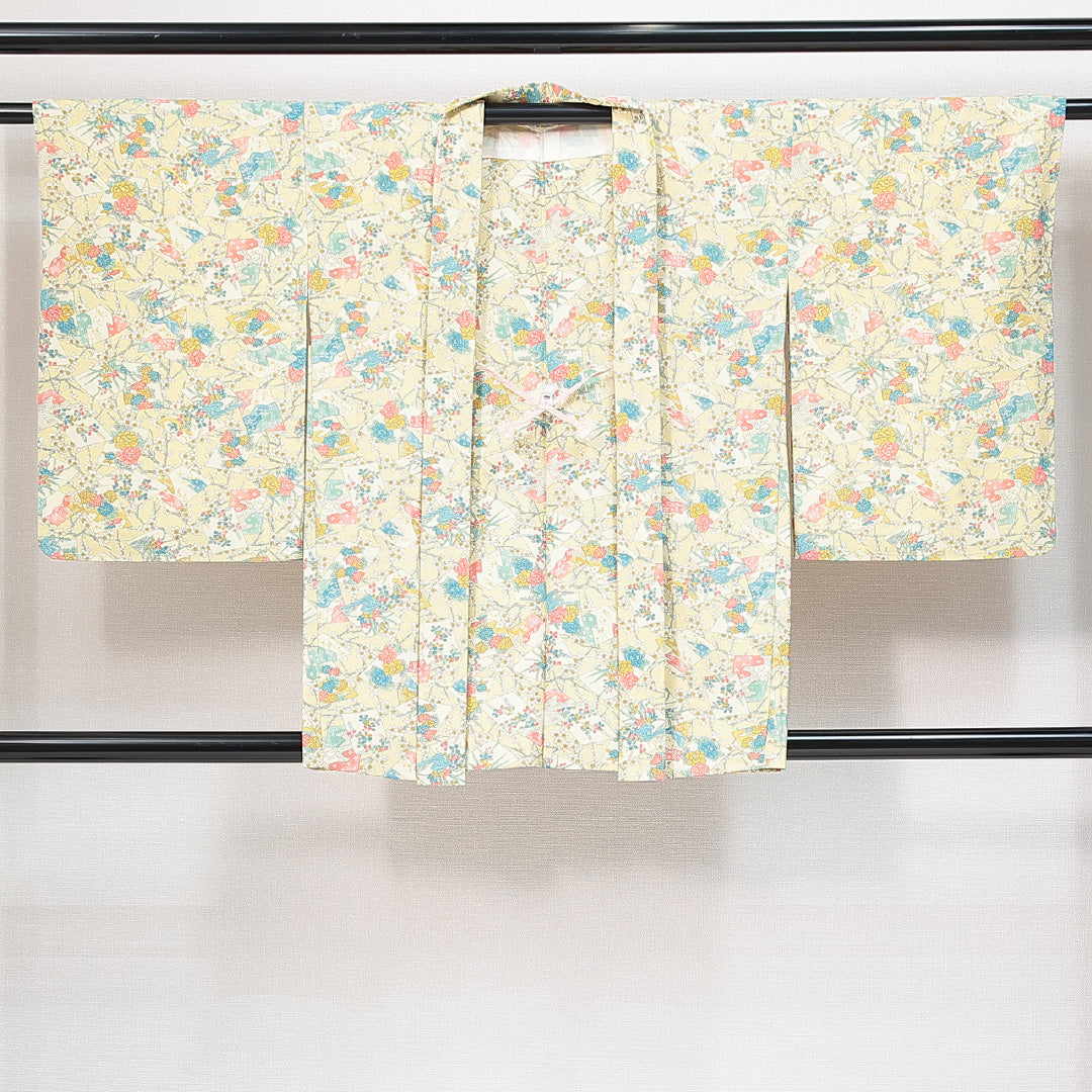 未使用品 羽織 袷 身丈82cm 裄丈62cm 正絹 Nランク カジュアル Sサイズ 紐あり しつけ糸 色紙 梅 クリーム系 RP 1232-14738
