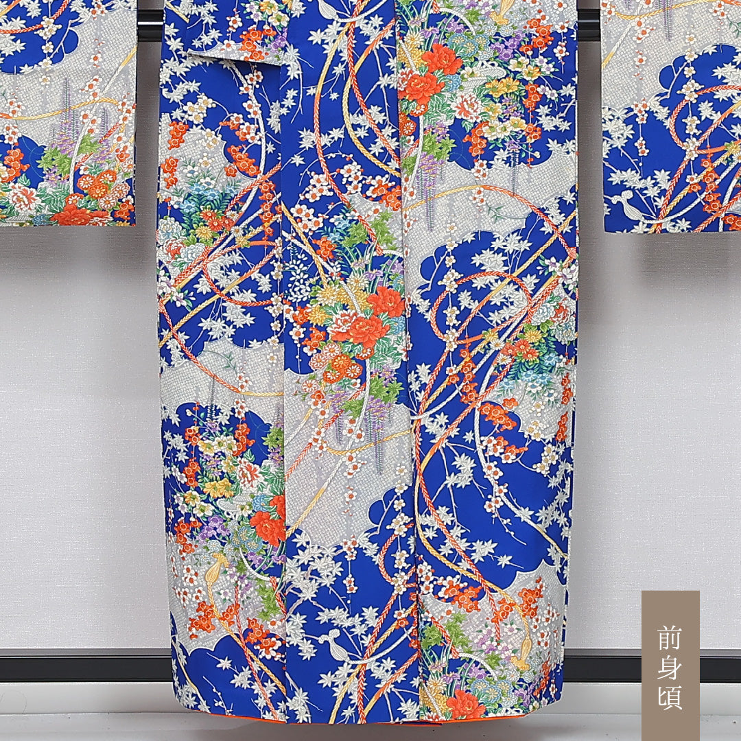 振袖 身丈157cm 裄丈65cm Cランク 袷 正絹 S 広衿 吉祥文様 組紐 古典柄 花柄 青系 1213-F0428