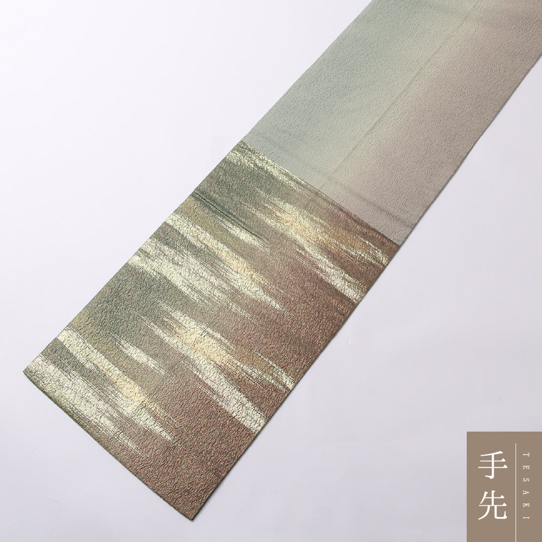 袋帯 帯丈432cm 六通 セミフォーマル Sランク 正絹 ふくれ織 創作柄 シック 伝統的 緑系 1223-01536