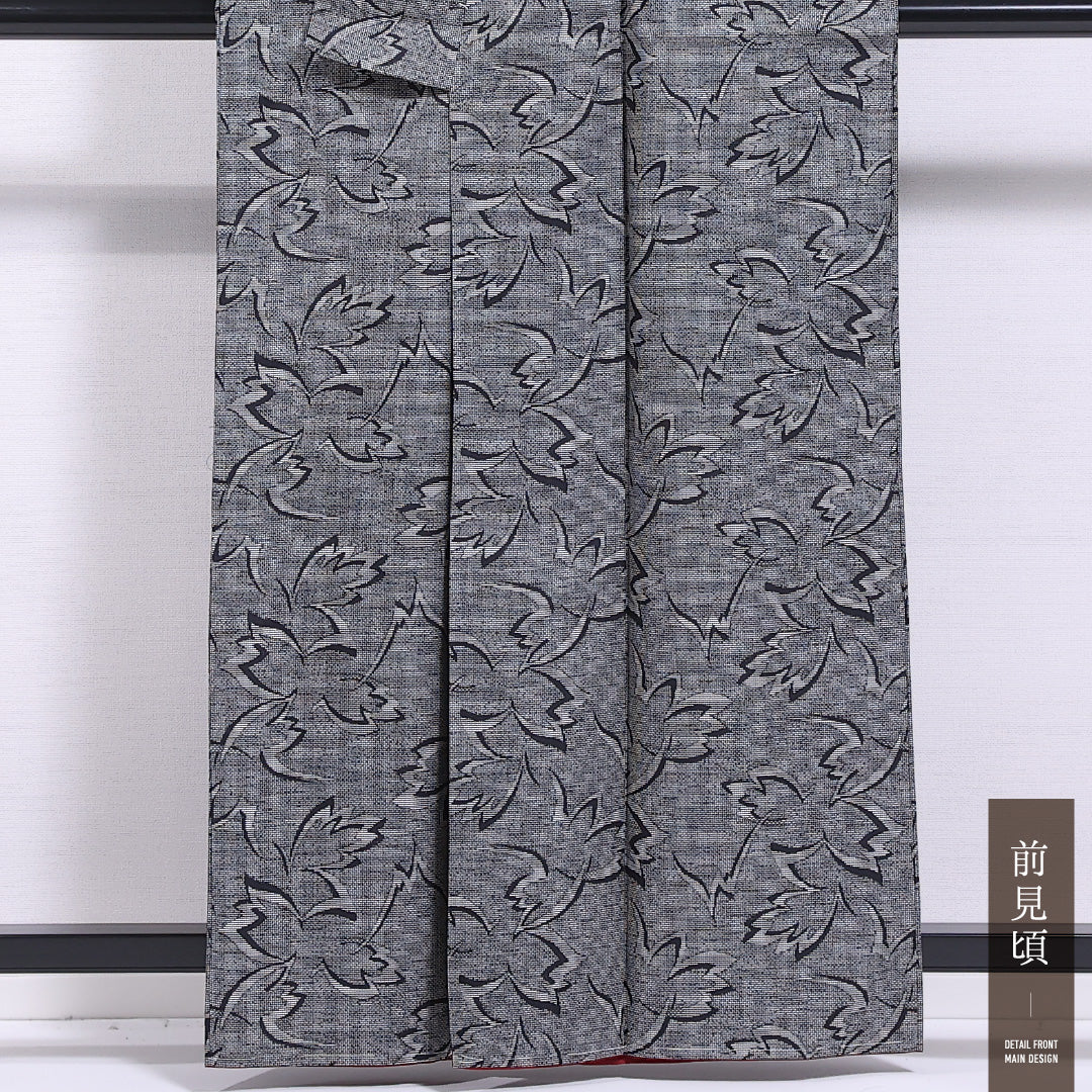 未使用品 本場大島紬 袷 身丈160cm 裄丈64cm 正絹 Nランク インフォーマル 広衿 Lサイズ しつけ糸 植物柄 グレー系 PO 1223-11633