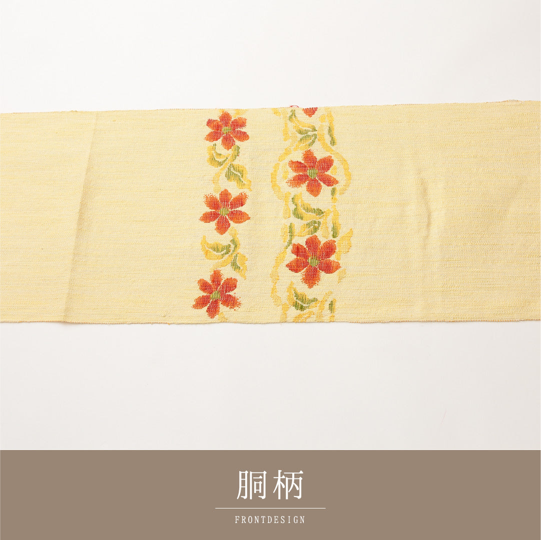 八寸名古屋帯 Sランク 帯丈350cm 正絹 ポイント柄 松葉仕立て 織り カジュアル 紬 唐華 黄系 RP 1245-02083
