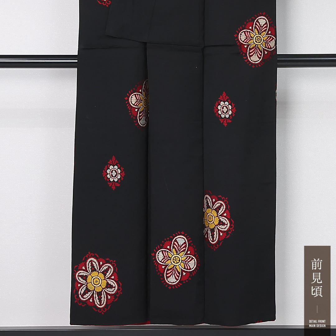 アンティーク お召 袷 身丈148cm 裄丈64cm 正絹 Aランク 広衿 XSサイズ 唐華 黒系 M4 1222-12485