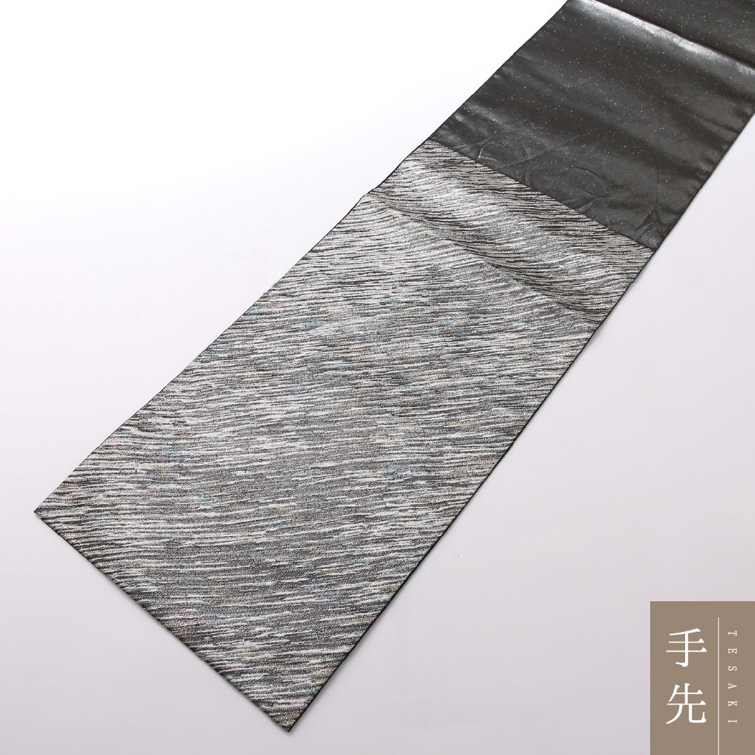 袋帯 帯丈456cm 六通 インフォーマル Sランク 正絹 創作柄 モダン 華やか 銀系 1223-01681
