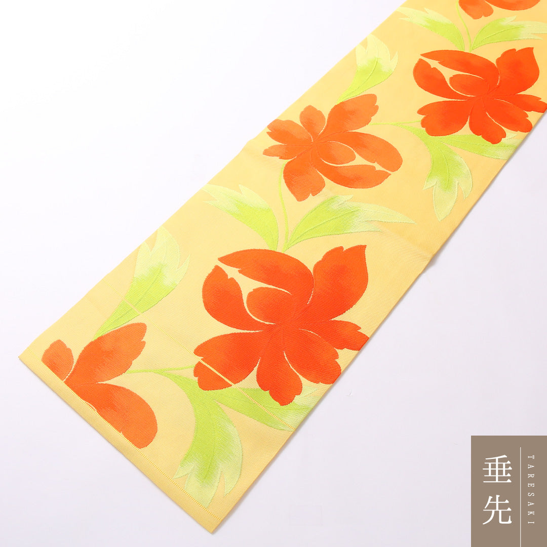 九寸名古屋帯 Sランク 帯丈367cm 正絹 六通 名古屋仕立て 織り カジュアル 花柄 黄系 RP 1245-03038
