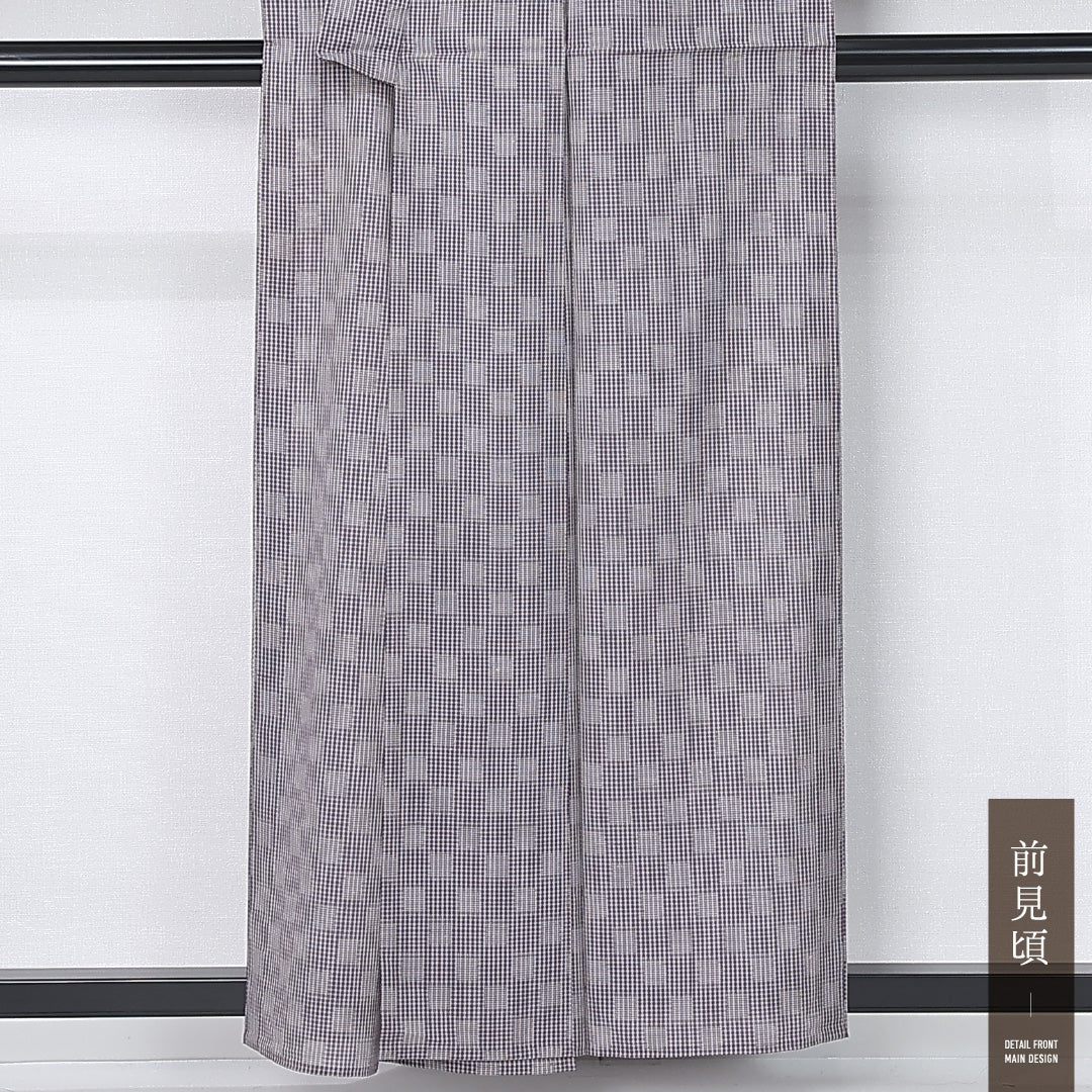 夏物 紬 身丈156cm 裄丈61cm Bランク M 正絹 夏紬 バチ衿 市松 カジュアル 紫系 1216-12302