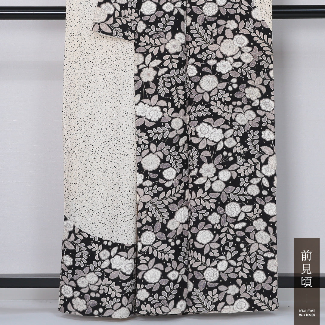 訪問着 身丈160cm 裄丈69cm Cランク L 正絹 単衣 広衿 辻ヶ花調 辻が花 桜 セミフォーマル 黒系 1212-12326
