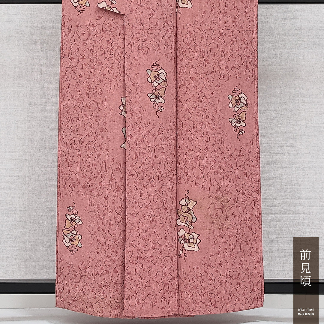 お召 袷 身丈157cm 裄丈60cm 正絹 Sランク インフォーマル バチ衿 Mサイズ 唐草 花柄 ピンク系 RP 1222-14296