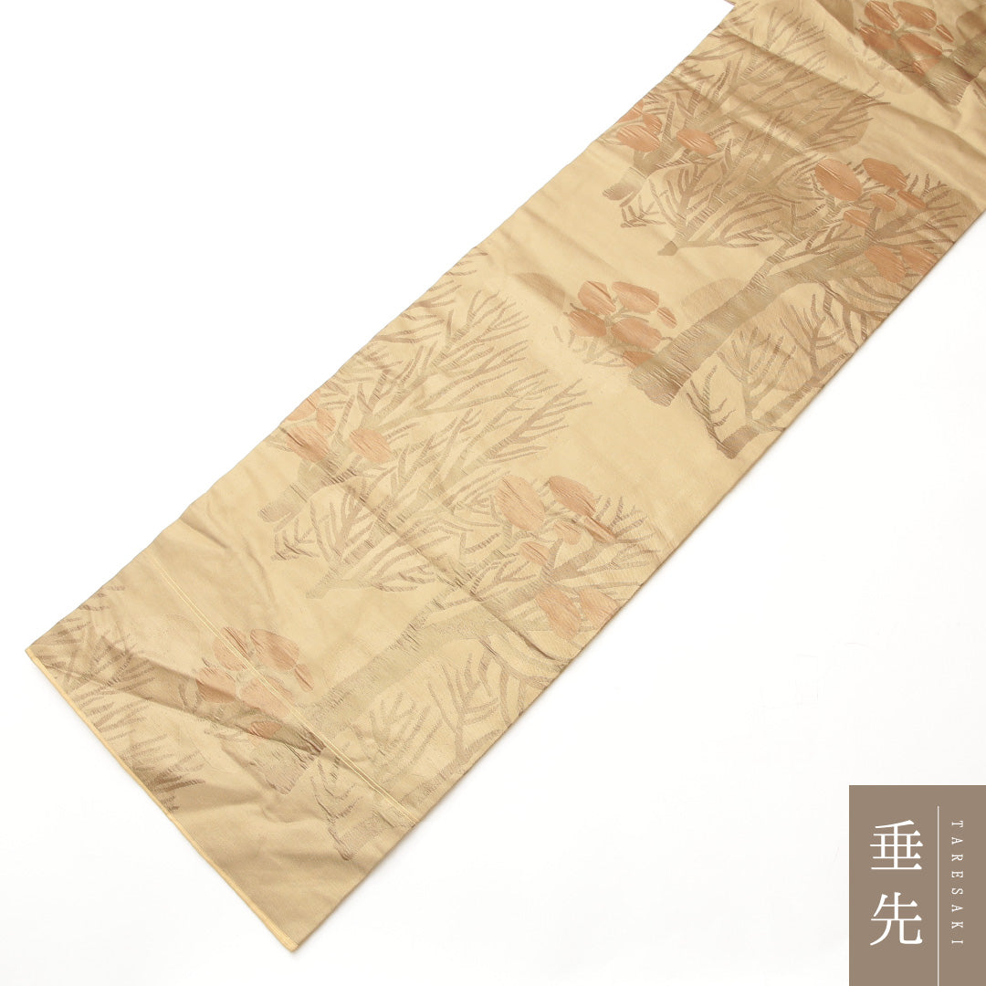 九寸名古屋帯 Aランク 帯丈349cm 正絹 六通 名古屋仕立て 織り カジュアル 植物柄 ベージュ系 RP 1245-02073