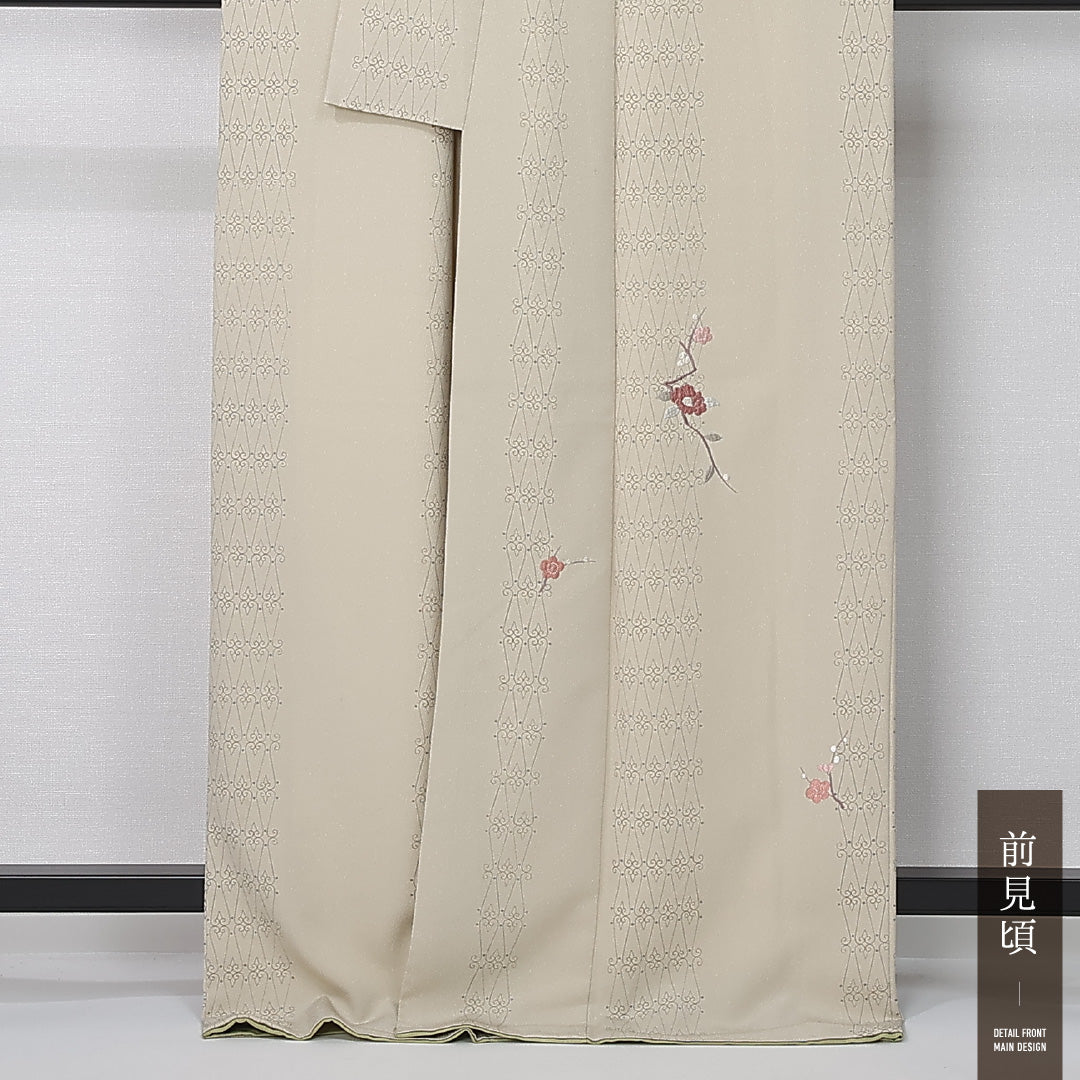 洗える着物 付下げ 袷 身丈168cm 裄丈65cm ポリエステル Aランク 一つ紋 (梅鉢) セミフォーマル 広衿 XLサイズ 刺繍 花柄 クリーム系 RP 1218-12395