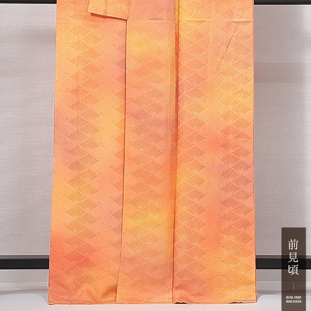 色無地 洗える着物 袷 身丈164cm 裄丈64cm ポリエステル Sランク Lサイズ 広衿 インフォーマル 紋意匠 菊菱 朱系 1214-14999