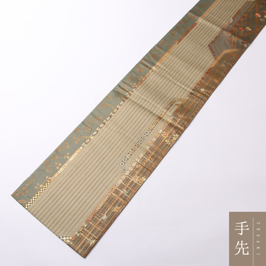 袋帯 帯丈424cm ポリエステル 六通 セミフォーマル 吉祥文様 緑系 1243-01500