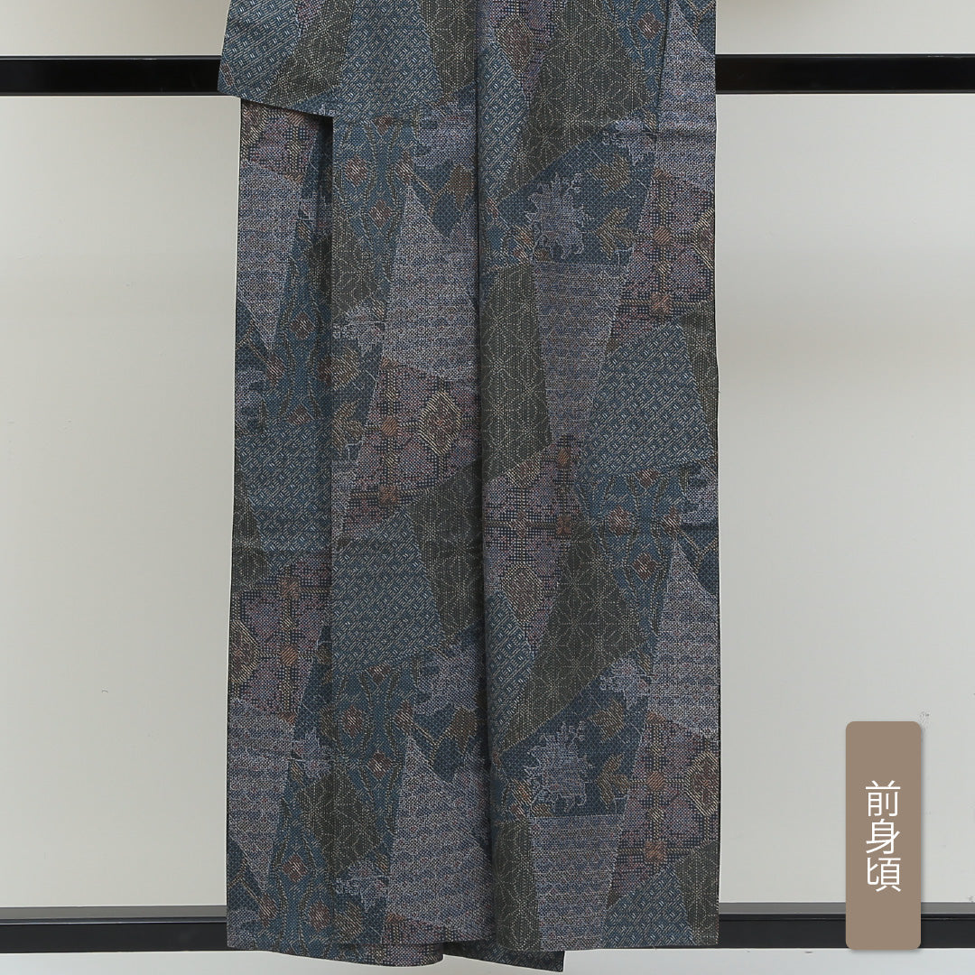大島紬 単衣 身丈152cm 裄63cm 正絹 グレー系 Bランク 切嵌め風 1216003654222