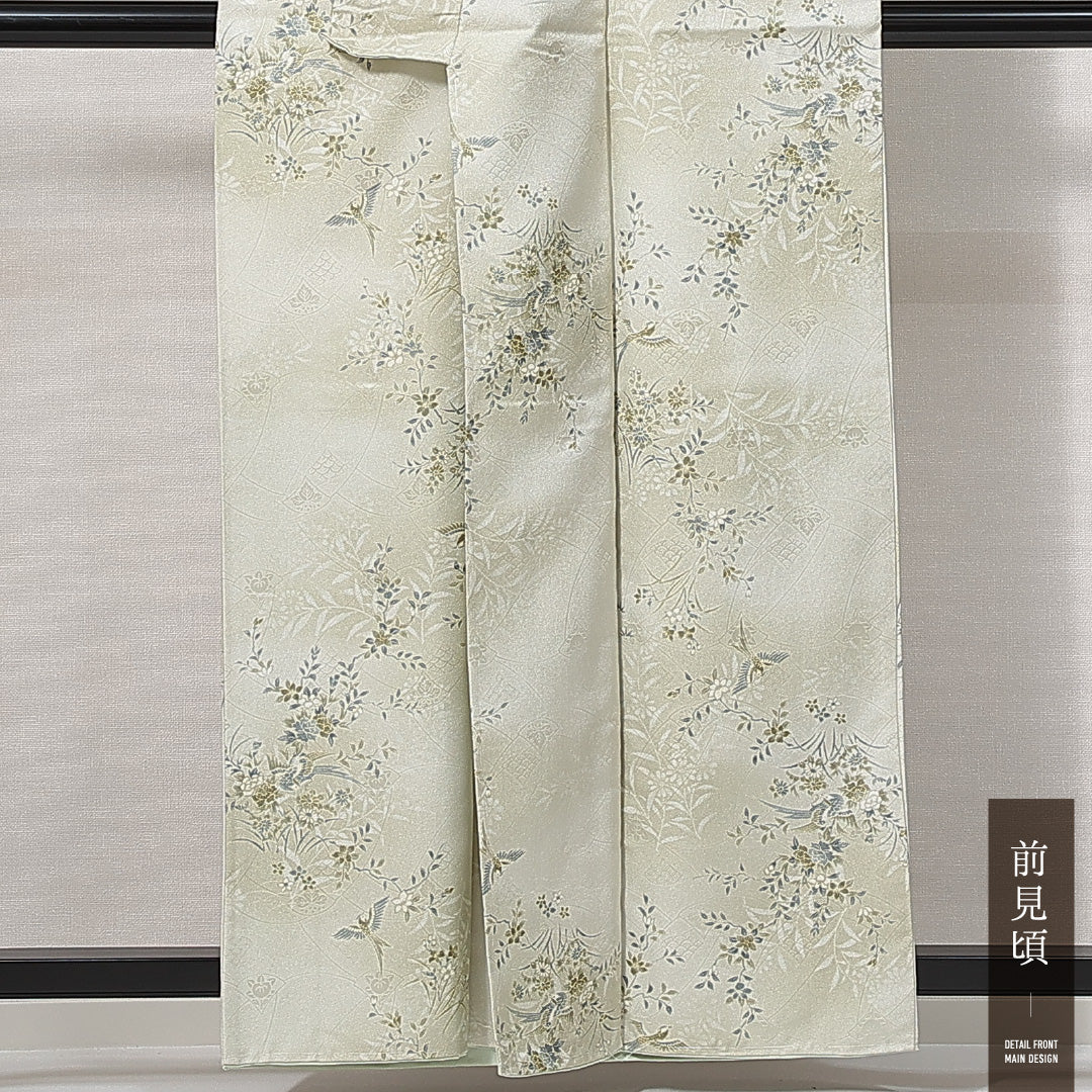 新古品 小紋 洗える着物 袷 身丈159cm 裄丈64cm ポリエステル Nランク Mサイズ 広衿 インフォーマル 花喰鳥 しつけ糸 緑系 1215-14816