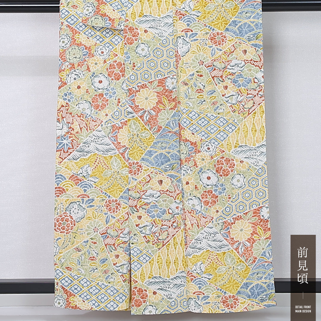 小紋 身丈157cm 裄丈64.5cm Sランク M 正絹 単衣 広衿 ちりめん 吉祥文様 カジュアル 黄系 1215-12305