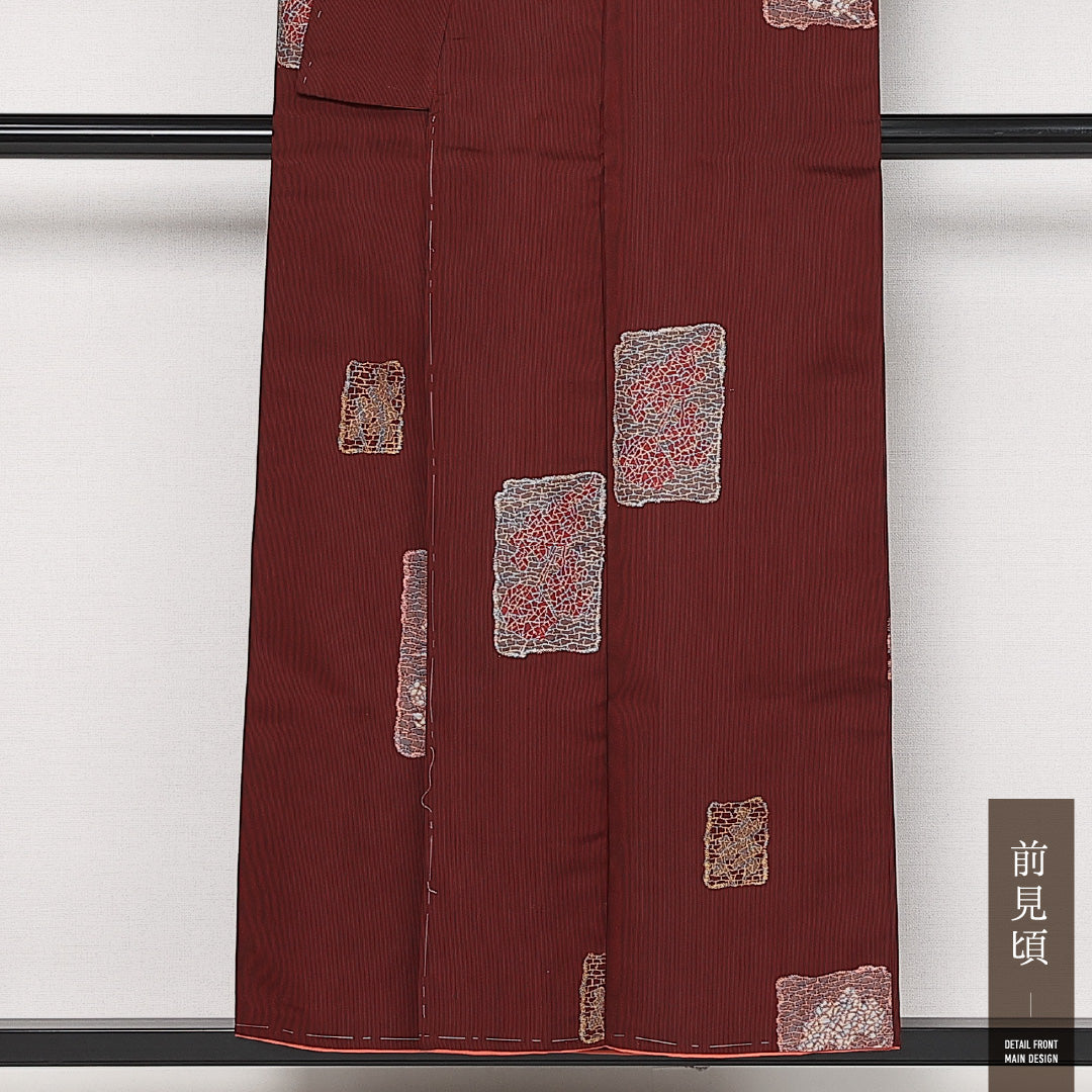 アンティーク お召 袷 身丈151cm 裄丈64cm 正絹 Aランク 広衿 Sサイズ 花絵札 赤系 RP 1222-13652