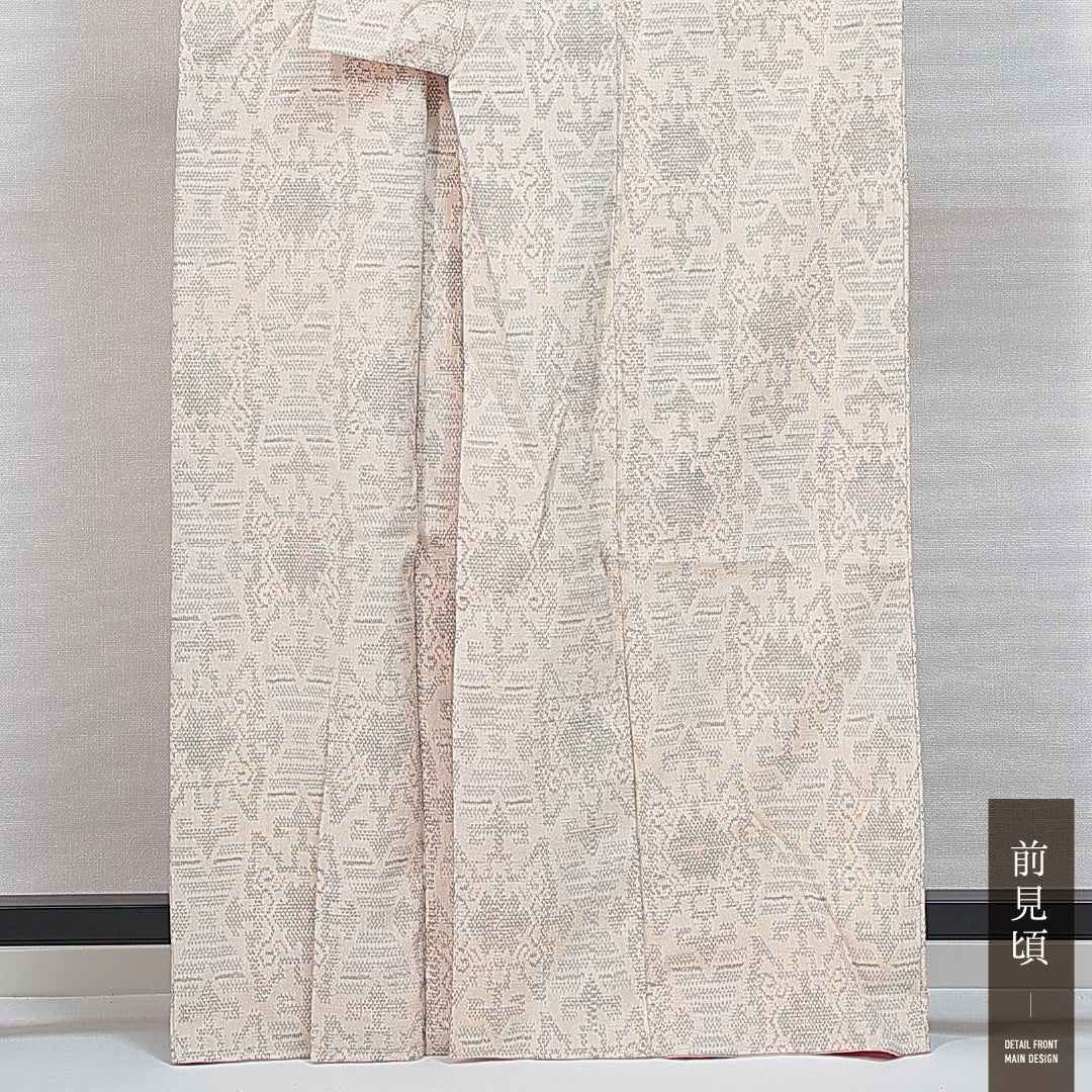 紬 袷 身丈156cm 裄丈66cm 正絹 Bランク カジュアル 広衿 Mサイズ アラベスク文様 クリーム系 HP 1223-14793