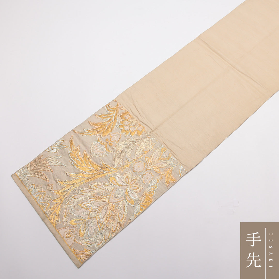 アンティーク 袋帯 帯丈408cm 正絹 六通 唐草華文 クリーム系 1243-01457