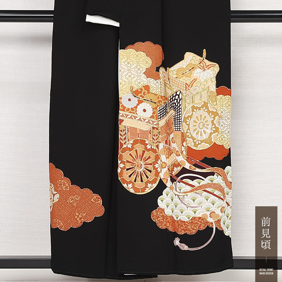 黒留袖 五つ紋 丸に梅鉢 身丈154cm 裄丈61.5cm Sランク ポリエステル 洗える着物 袷 比翼 広衿 S 金駒刺繍 御所車 フォーマル 古典的 華やか 黒系 1211-F0546