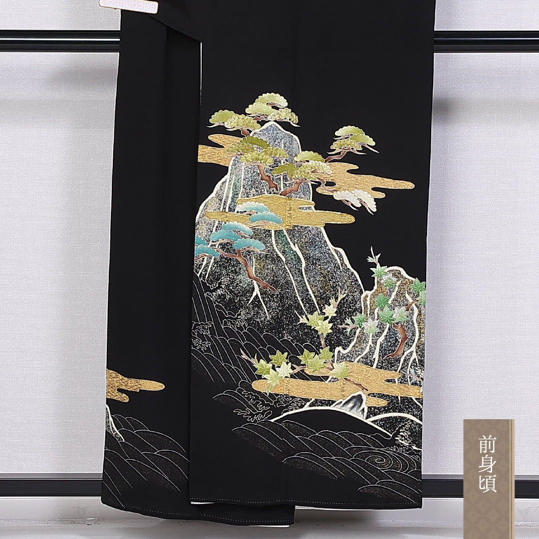 黒留袖 五つ紋 鶴の丸 身丈155cm 裄丈63.5cm Sランク 正絹 袷 比翼 広衿 M 金駒刺繍 エ霞 桐 松 京友禅 フォーマル 黒系 1211-F0338