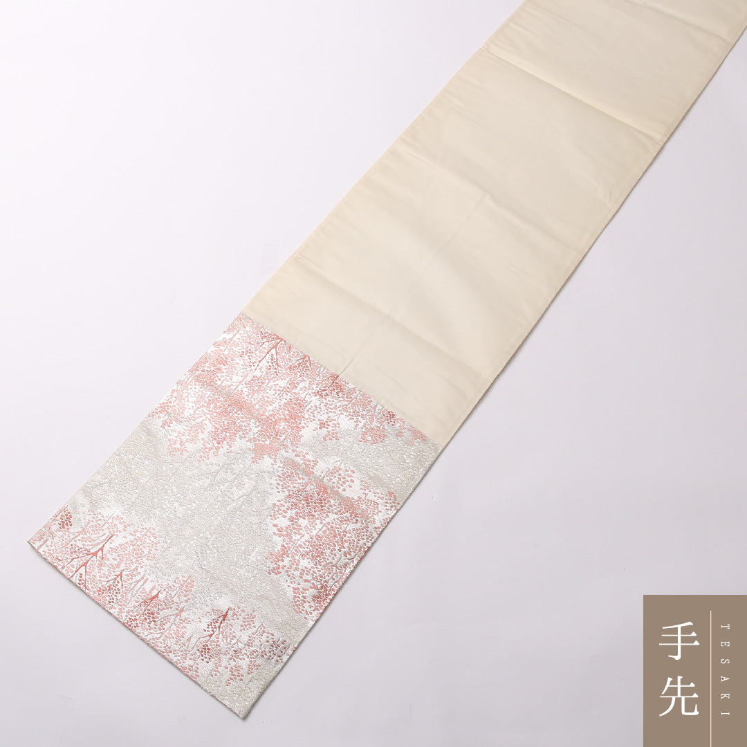 袋帯 帯丈374cm 正絹 六通 セミフォーマル 木立 銀系 ピンク系 1243-01548