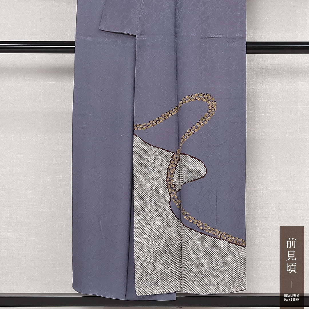 アンティーク 訪問着 袷 身丈150cm 裄丈63cm 正絹 Aランク 一つ紋（丸に違い鷹の羽） 広衿 Sサイズ 創作柄 シック 落ち着き 紫系 M4 1217-13335