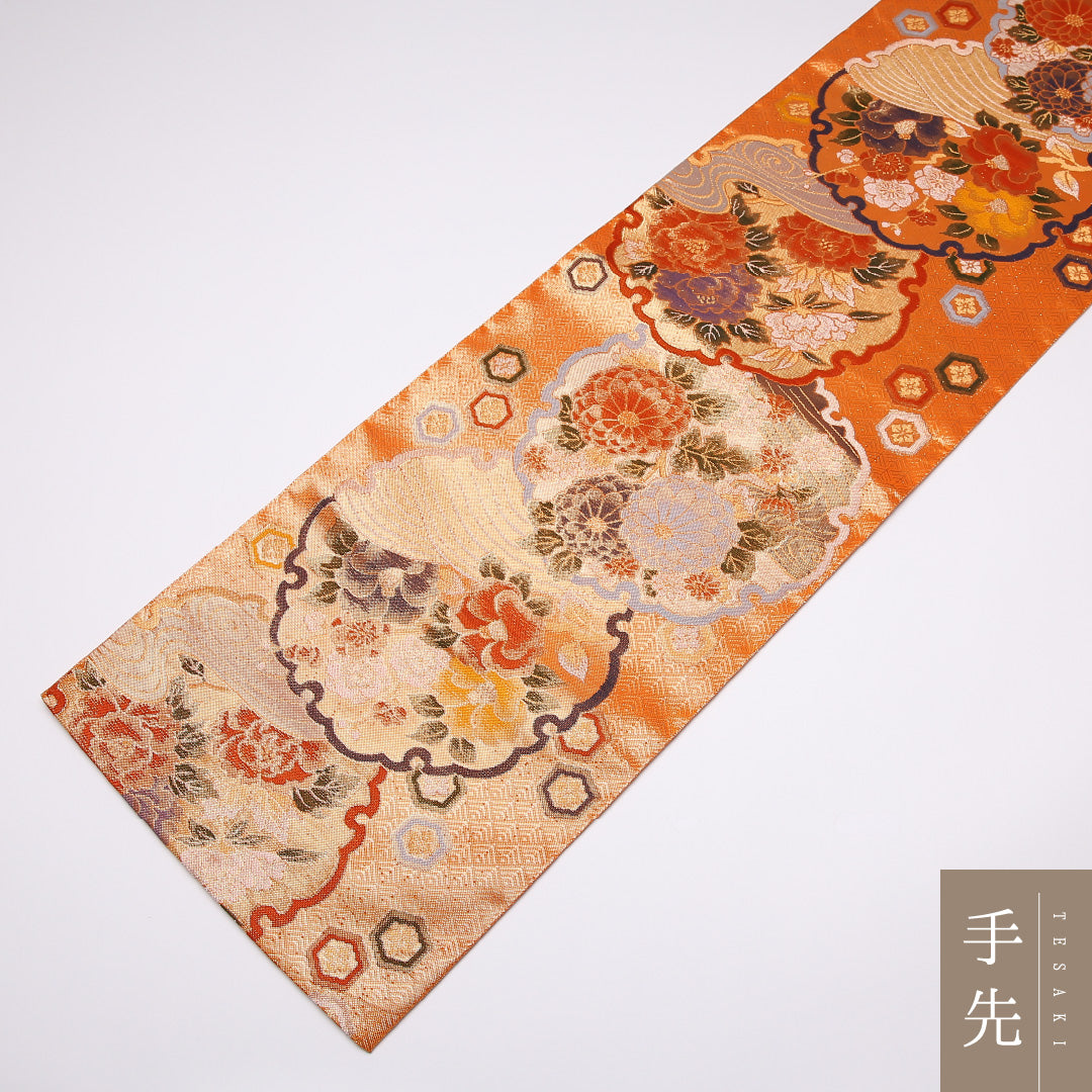 袋帯 帯丈440cm 正絹 全通 フォーマル 佐賀錦 雪輪 菊 朱系 1243-01052