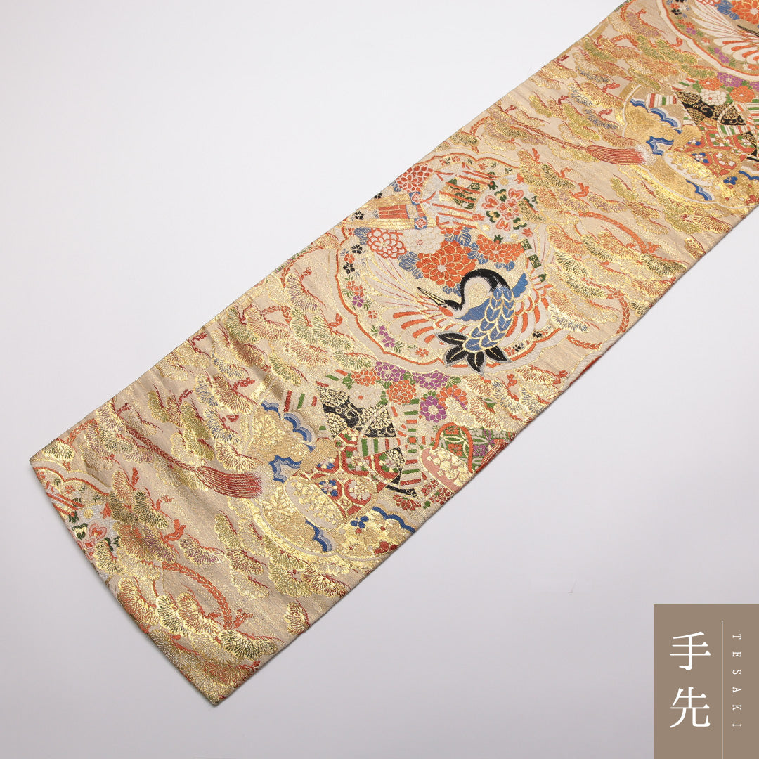 アンティーク 丸帯 帯丈416cm 正絹 全通 松鶴 御所解 金系 1242-01341