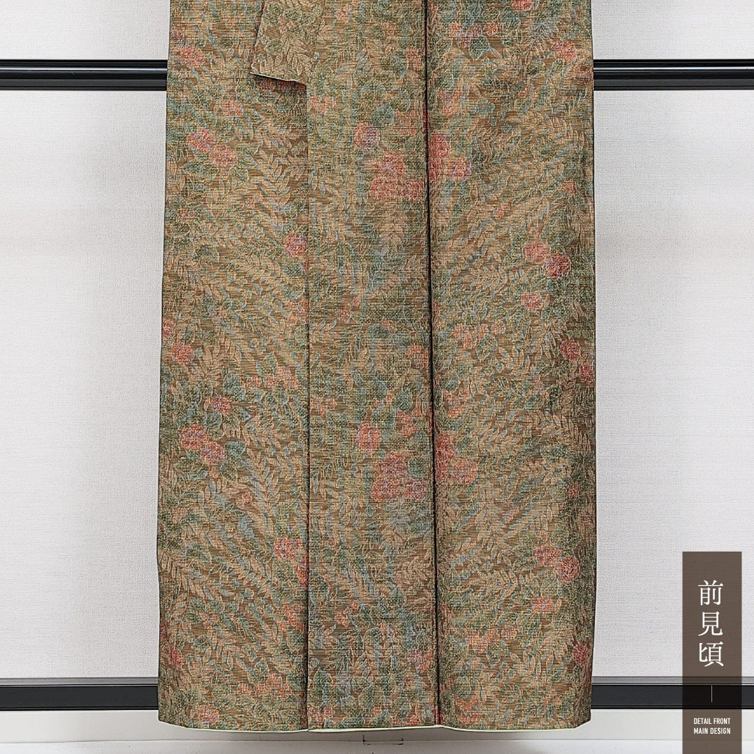 紬 袷 身丈155cm 裄丈64cm 正絹 Sランク カジュアル バチ衿 Mサイズ 植物柄 茶系 RP 1223-14553