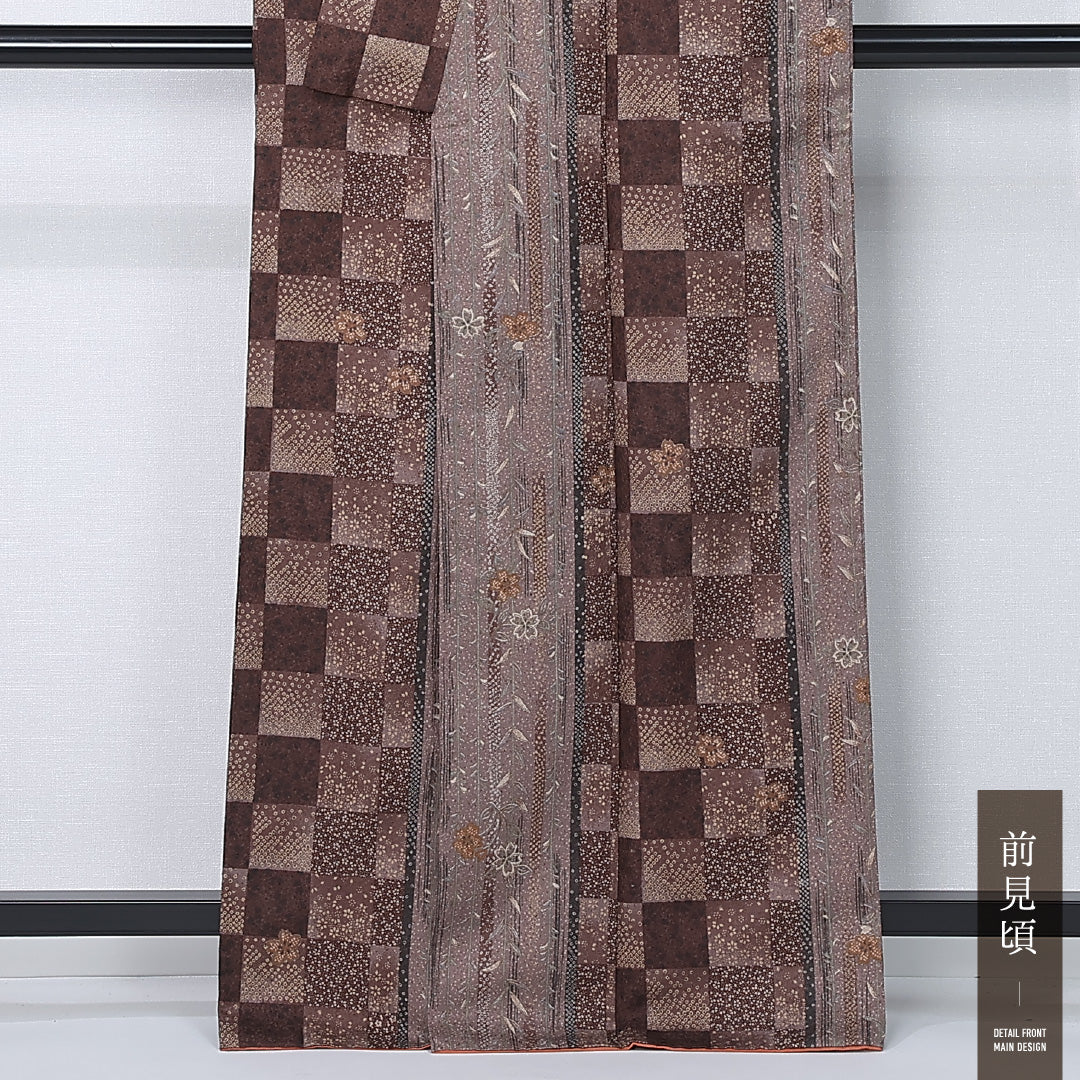 洗える着物 小紋 袷 身丈163cm 裄丈65cm ポリエステル Sランク インフォーマル 広衿 Lサイズ 市松 桜 茶系 RP 1221-12358