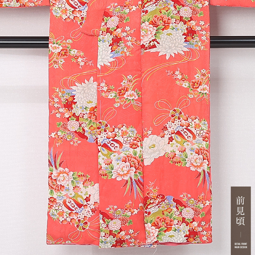 アンティーク 小紋 (錦紗) 袷 身丈139cm 裄丈60cm 正絹 Aランク バチ衿 XSサイズ 扇 花柄 朱系 M4 1221-12427