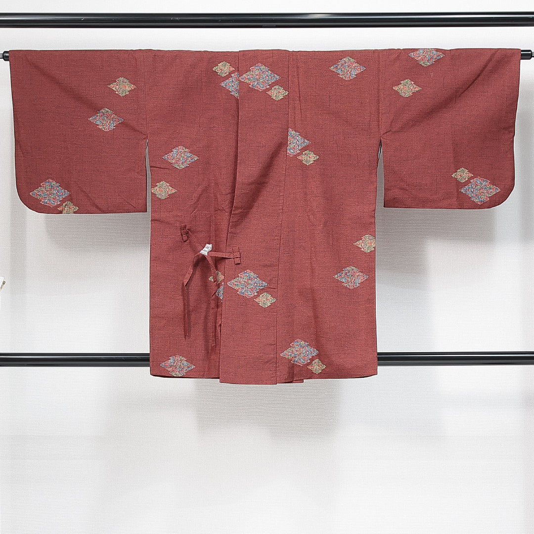 道中着 袷 身丈84cm 裄丈67cm 正絹 Sランク セミフォーマル Mサイズ 松皮菱 花柄 赤系 RP 1236-14746