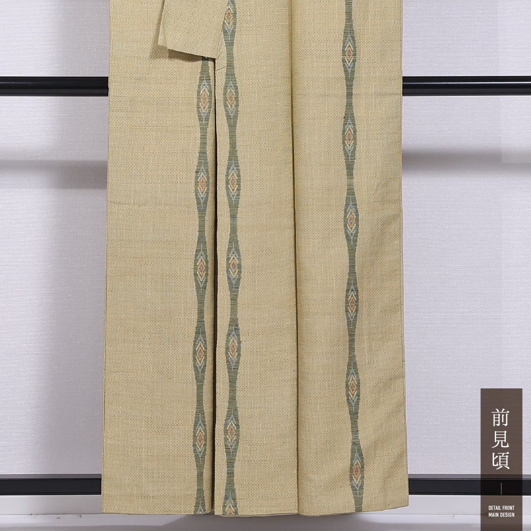 紬 袷 身丈156cm 裄丈64cm 正絹 Cランク カジュアル 広衿 Mサイズ よろけ縞 緑系 LP 1223-11813