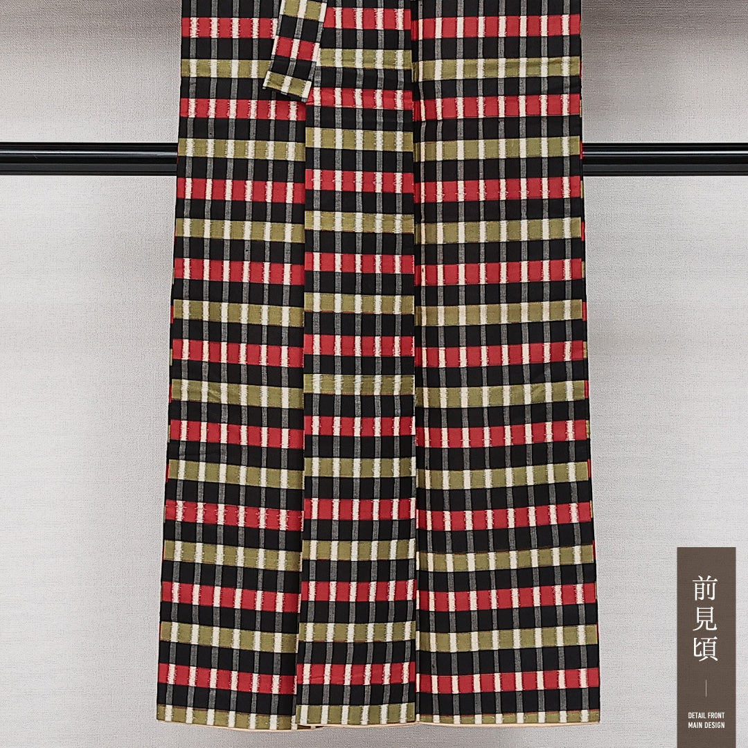 アンティーク 銘仙の着物 袷 身丈141cm 裄丈58cm 正絹 Aランク バチ衿 XSサイズ 格子 黄系 RP 1223-14232